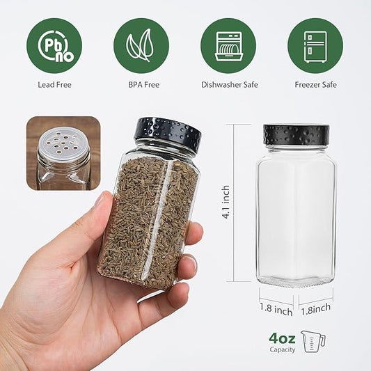 6pcs Black Spice Jars, 4 oz Glass Seasoning Bottles, Spices Container, Empty Spice Jars, Square Spice Bottles with Airtight Plastic Caps with Shaker Lids