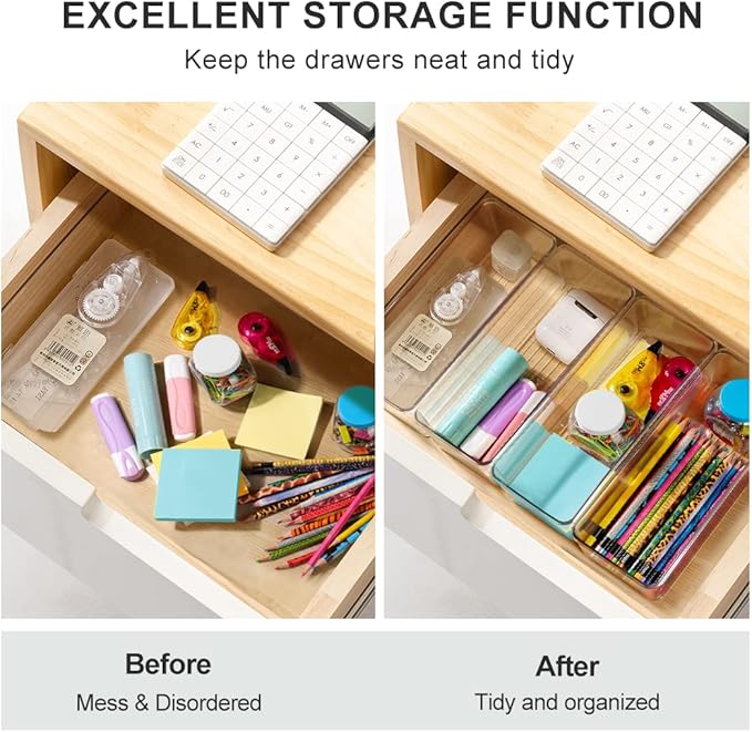 Hudgan 8 Pack Clear Plastic Drawer Organizer Bins Set, Stackable Cutlery Storage Bins Trays for Organizing Kitchen, Bathroom, Office, Crafts, Gadgets, Cabinet Supplies