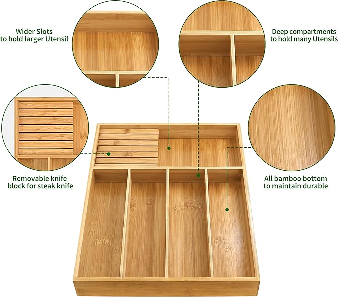 VaeFae Bamboo Silverware Organizer, Utensil Holder for Drawer, Wooden Cutlery Tray with Divider for Kitchen Drawer, Utensil Organizer with Knife Block