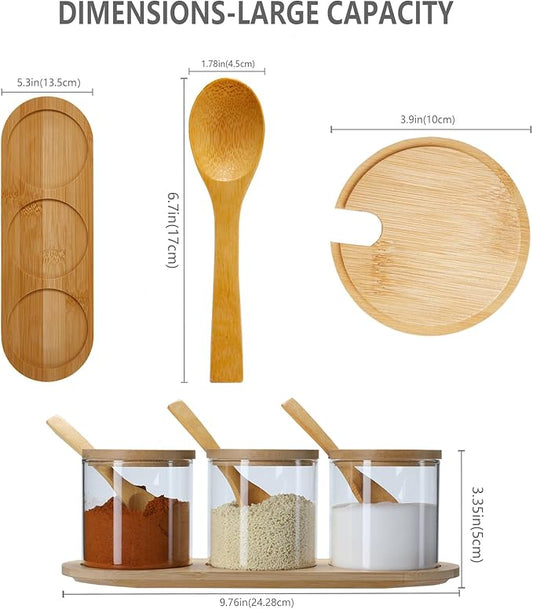 WEANGCW Condiment Container Seasoning Box Set,3 PCS Condiment Jar Spice Container with Lids and Spoons and Base, for Home Kitchen Café Storing Salt Sugar Spice