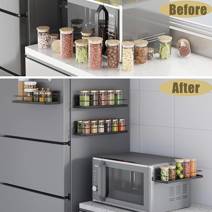 Magnetic Spice Rack for Refrigerator, 2 Pack Fridge Shelf, Seasoning Organizer for Kitchen Organization and Storage, Metal Rack for Cabinet