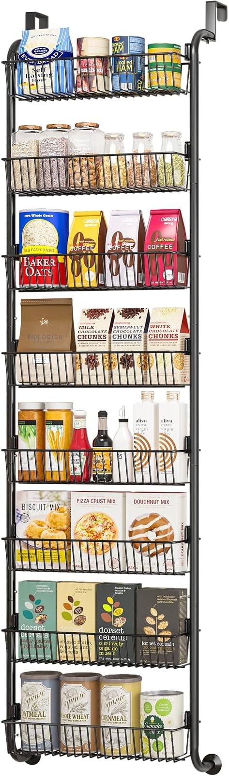 Over the Door Pantry Organizers and Storage, 8-Tier Spice Rack, Home & Kitchen Storage Shelves for Cabinet, Large Capacity Hanging Seasoning Organizer, Laundry Room Organization, Black