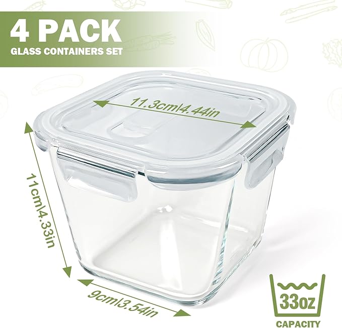 Square Glass Food Storage Containers with Lids, 4 Cup Borosilicate Glass Meal Prep Bowl, Microwave & Freezer Safe Jars, Small Soup Containers for Salad, Fruit, Lunch, Ice Cream, Travel (32 oz, 4 Pack)