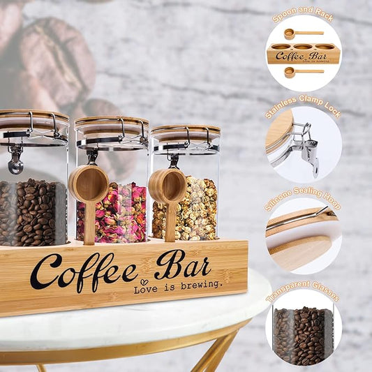 ZHAO Glass Coffee Containers with Shelf Airtight Coffee Bean Storage Jars with Locking Clamp Lid and Spoons Coffee Canister Set for Ground Coffee Sugar Tea Nuts Kitchen Food Containers
