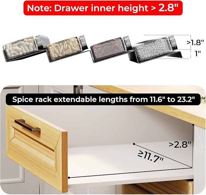 Famhap 6 Pack Spice Drawer Organizer with Labels and 36 Plastic Jars, Expandable from 11.7" to 23.2" Seasoning Rack Tray Insert for Kitchen Drawers, Spice Rack Drawer for Spice Jars