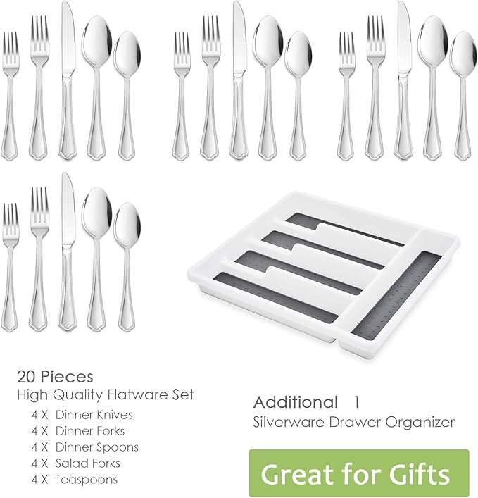 HaWare 20 Pieces Silverware Set with Organizer/Tray for 4, Stainless Steel Flatware Cutlery Set, Elegant Design for Home Hotel Kitchen Wedding, Mirror Polished & Dishwasher Safe