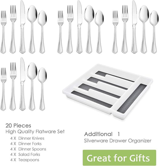 HaWare 20 Pieces Silverware Set with Organizer/Tray for 4, Stainless Steel Flatware Cutlery Set, Elegant Design for Home Hotel Kitchen Wedding, Mirror Polished & Dishwasher Safe