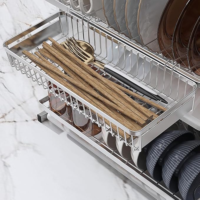 Sturdy 304 Stainless Steel Flatware Organizers with Hooks, 2 Pcs Drawer Silverware Organizer for Chopsticks/Spoon/Fork/Knife, Large and Small