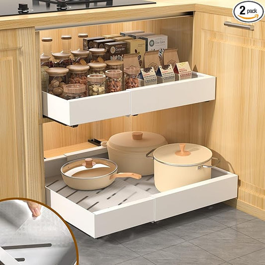2 Pack 16.8" Deep Pull Out Drawers for Cabinets, Expandable Slide Out Drawers for Kitchen Cabinets, Pull Out Cabinet Organizer Roll Out Shelves for Pantry（Width 12.2"-19.7", White）