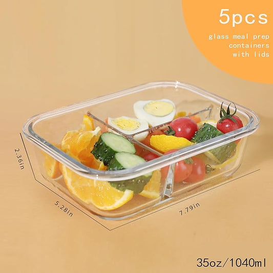 5 Pack, 35 Oz Meal Prep Containers Reusable, Glass Storage Containers with Lids,Glass Lunch Containers with Lids,Oven and Freezer Safe, Food Storage and Portion Control - light gray
