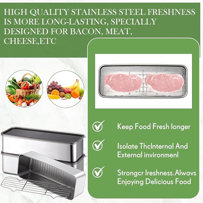 Hushee 3 Set 304 Stainless Steel Containers for Fridge, with Removable Drain Tray, Fruit Bacon Storage Airtight Deli Meat Container with Lids for Fresh Dry Food Storage(10.43 x 3.94 x 2.76 Inch)