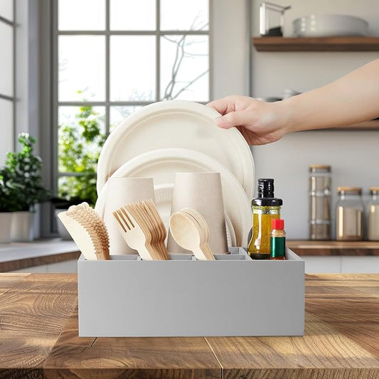 Gray Wood Utensil Holder for Party - Paper Plate Organizer for Countertop - Silverware Caddy with 6 Compartments for Plate Cup Fork Spoon - Cutlery Holder for Kitchen Camping Buffet