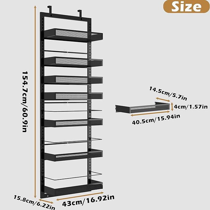UMDONX Over The Door Pantry Organizer，7-Tier Pantry Organization and Storage with Adjustable Baskets，Metal Hanging Spice Rack with 2 Detachable Guardrails