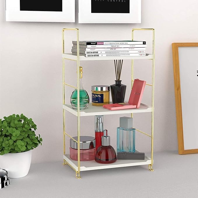3-Tier Kitchen Spice Rack, Freestanding Stackable Organizer Shelf, Bathroom Countertop Storage Shelf, Cosmetic Organizer Holder, Square Standing Rack (Golden)