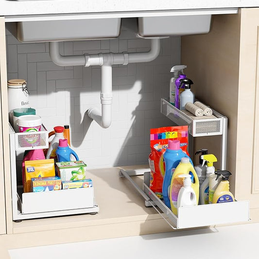 2 Pack Under Sink Organizer and Storage, 2 Tier Pull Out Cabinet Organizer, Slide Out Under Sink Storage Shelf, Undersink Organizers Shelves for Kitchen Bathroom Pantry Organization (White)