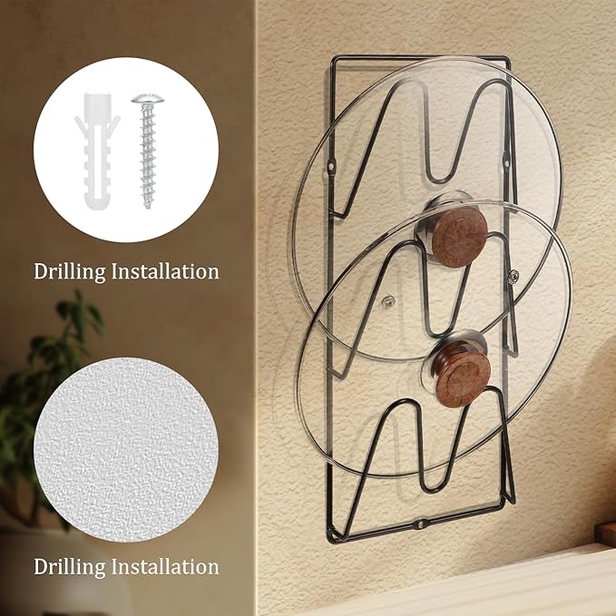 2 Pack Pot Lid Organizer, 6-Tier Pots & Pans Lid Holder Organizer for Cabinet or Wall/Door Kitchen Storage, No-Drill Adhesive Mount, Space-Saving Solution