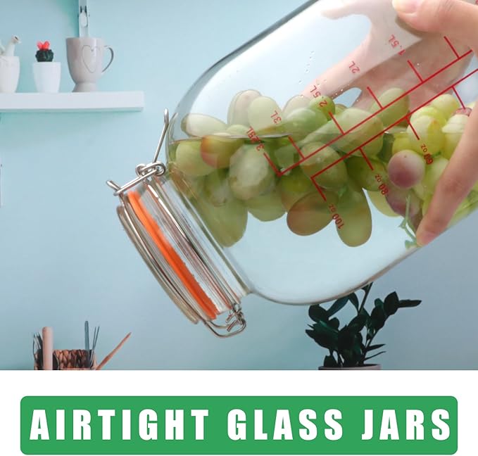 Encheng 1-Gallon Round Glass Storage Jars with Hinged Lids,Extra Wide Mouth Glass Canning Jars with Scoop and Measurement Marks,Large Glass Containers for Fermenting,Pasta,Pickles,Sun Tea