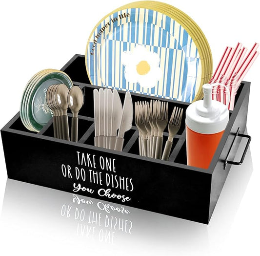 Paper Plate Holder, Plastic Silverware Caddy, Plastic Utensil Dispenser for Party Buffet Camping BBQ, Disposable Spoon Fork Knives Dish Cup Napkin Storage Organizer for Kitchen Counter (Black)