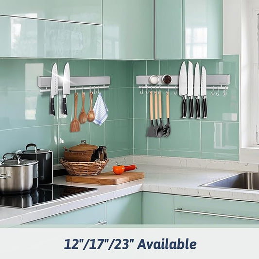 12 Inch Magnetic Knife Holder for Wall - Stainless Steel Magnet Knife Strip No Drill with 5 Hooks/Adhesive Tape/Screws, Kitchen Utensil Holder, Magnetic Knife Organizer, Wall Mounted Knife Storage
