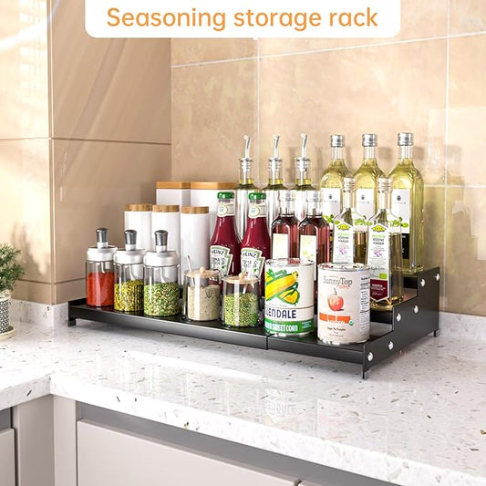 Premium Spice Rack Organizer for Countertops - 3-Tier Space-Saving Kitchen Organizer for Spice Jars, Oil Bottles and Utensils 2 Pakcs Black (Modern Rust-Resistant Design)