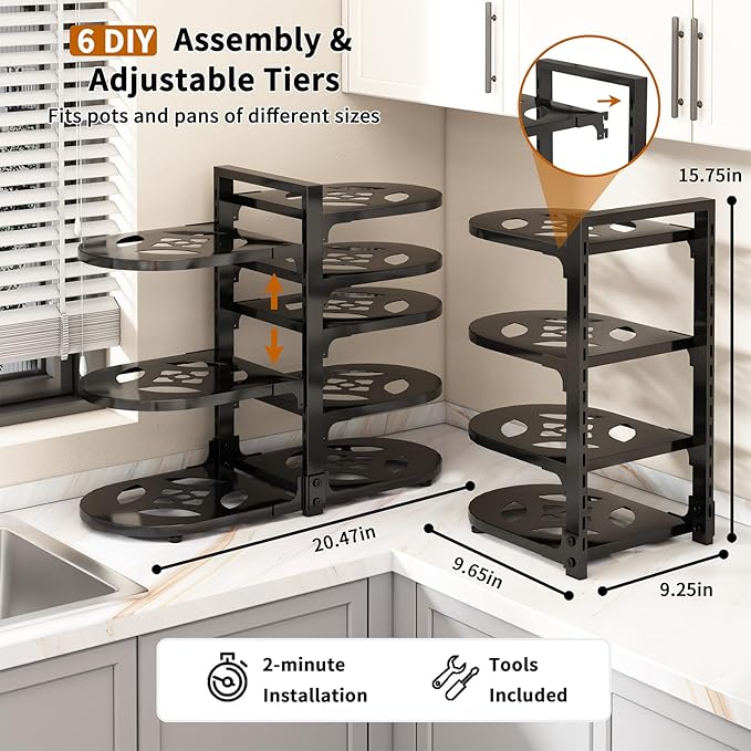 Adjustable Heavy Duty Pots and Pans Organizer Under Cabinet, 8-Tier Pot and Pan Organizers Inside Cabinet, Kitchen Cabinet Organizers and Storage, Black