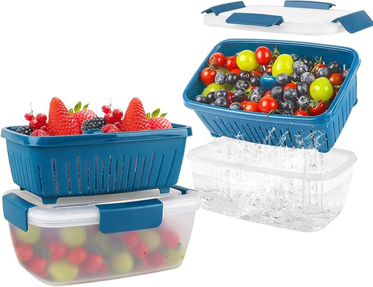 shopwithgreen 68oz Berry Keeper Fruit Storage Container for Fridge, Fresh Food Produce Saver Containers with Removable Drain Colanders, Vegetable Lettuce Keeper Bowl, Refrigerator Organizer, 2 Pack