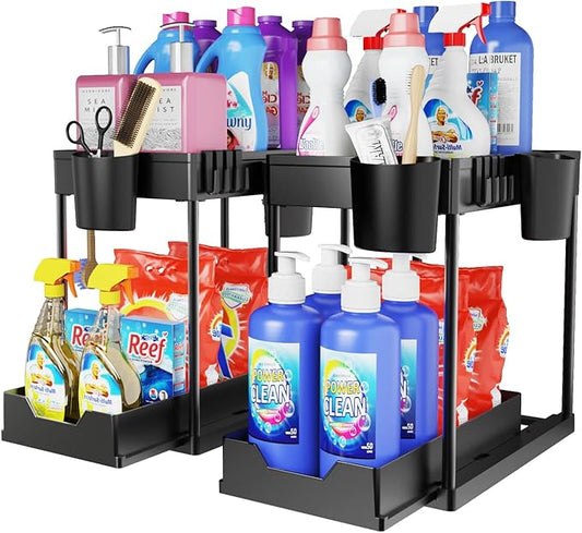 2 Pack Under Sink Organizers and Storage Bathroom, 2 Tier Under Sliding Kicthen Cabinet Basket Organizer with Hooks, Hanging Cup, Dividers, Handles, Multi-purpose Under Sink Shelf Organizer, Black