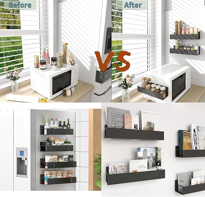 2 Pack Magnetic Spice Storage Rack Organizer for Refrigerator and Oven, Moveable Magnetic Spice Organizer, Black Metal Strong Magnetic Shelf for Fridge and Microwave Oven