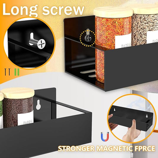 Magnetic Spice Rack Organizer for Fridge Seasoning Organizer for Kitchen storage with Screw or Adhesive Hanging,Magnetic Shelf with Hook for Refrigerator and Oven (Black, 6pack)
