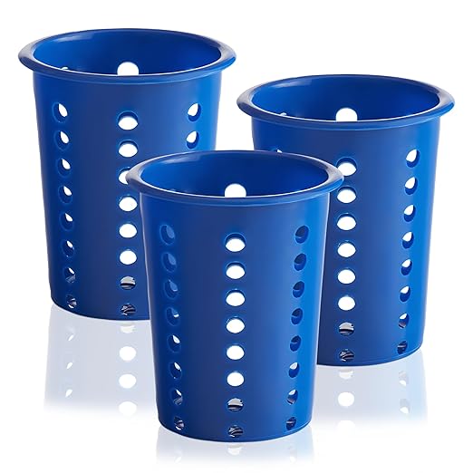 OCS Parts Perforated Utensil Drying Cups | Blue | Set of 3 | Plastic Flatware Holder Cylinders for Kitchen Counter Organization