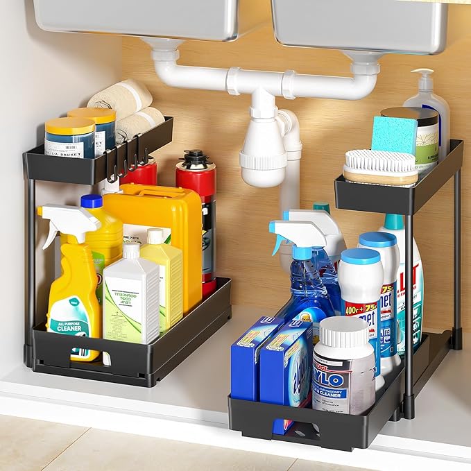 2 Pack Under Sink Organizers and Storage, 2 Tier L-Shape Pull Out Under Cabinet Organizer, Black Under Bathroom Kitchen Sink Organizer with Drawer for Under Counter Storage Organizer