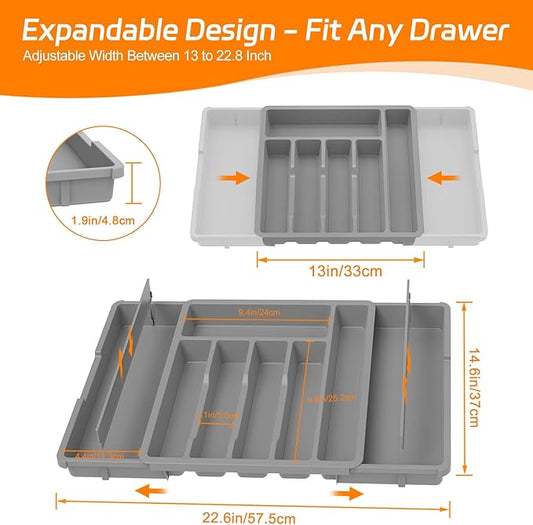 iDavosic.ly Silverware Drawer Organizer, Expandable Utensil Tray for Kitchen, Large Adjustable Plastic Cutlery Flatware Holder for Knife Fork Spoon with 8-10 Compartments, Gray