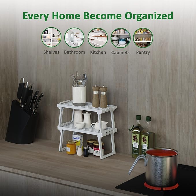 ums Kitchen Cabinet Shelf Organizers, White Plastic Stackable Freezer Rack, Shelf Riser, Usable Storage Rack for Your Spice, Refrigerator, Pantry (12 X 5.5 inch) Fridge Shelf Riser Pack of 2