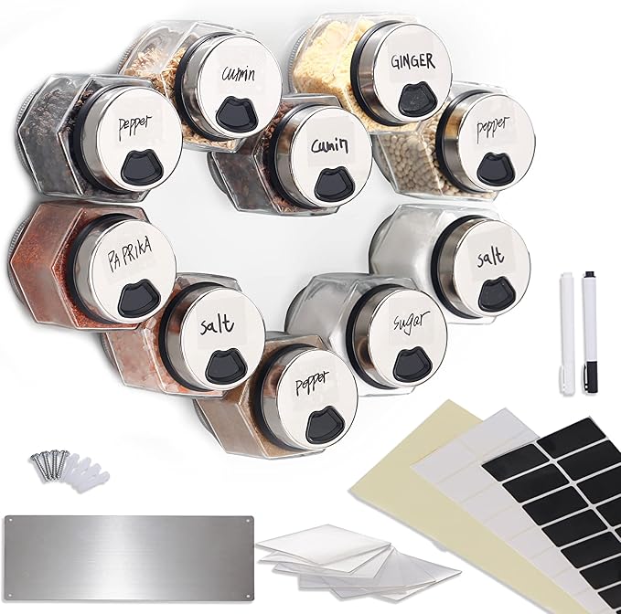 10 PCS 5oz Hexagon Glass Large Magnetic Spice Jars for Refrigerator with Labels, Shaker Lids, Magnetic Base, Fridge Magnetic Spice Rack Organizer for Cabinet Wall Mount with Jars