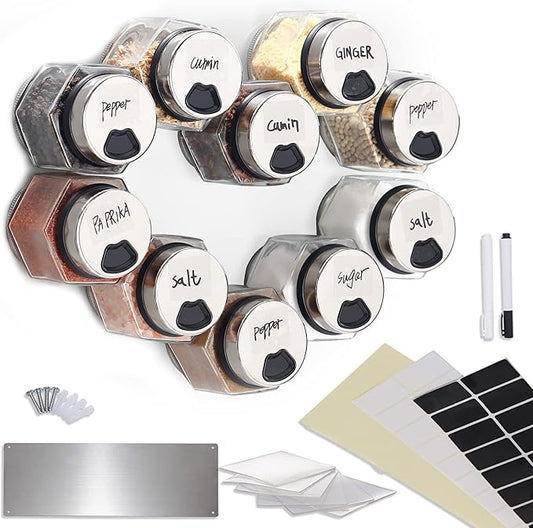 10 PCS 5oz Hexagon Glass Large Magnetic Spice Jars for Refrigerator with Labels, Shaker Lids, Magnetic Base, Fridge Magnetic Spice Rack Organizer for Cabinet Wall Mount with Jars