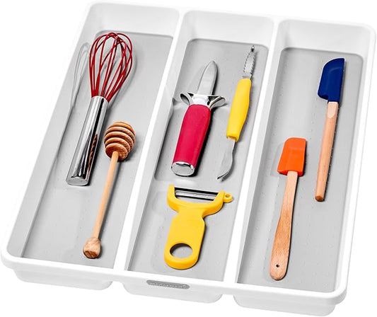madesmart Antimicrobial Classic Large Utensil Tray Soft Grip, Non-Slip Kitchen Drawer, Multi-Purpose Home Organization, EPA Certified, 3 Compartments, White