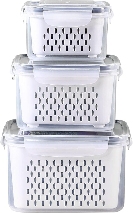 3Pack Fridge Food Storage Container Set with Lids with Strainer, Fruit Vegetable Storage Containers Keep Fruits, Vegetables, Berry, Meat Fresh longer, BPA-Free Plastic Produce Keepers