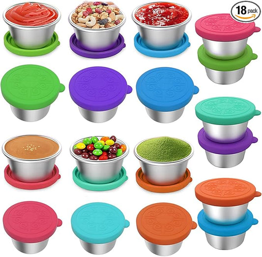 18 Pack Salad Dressing Container To Go 2.4oz Small Condiment Containers with Leakproof Silicone Lids Reusable Stainless Steel Sauce Cups for Office Lunch Bento Box Picnic Meal Prep Travel Party