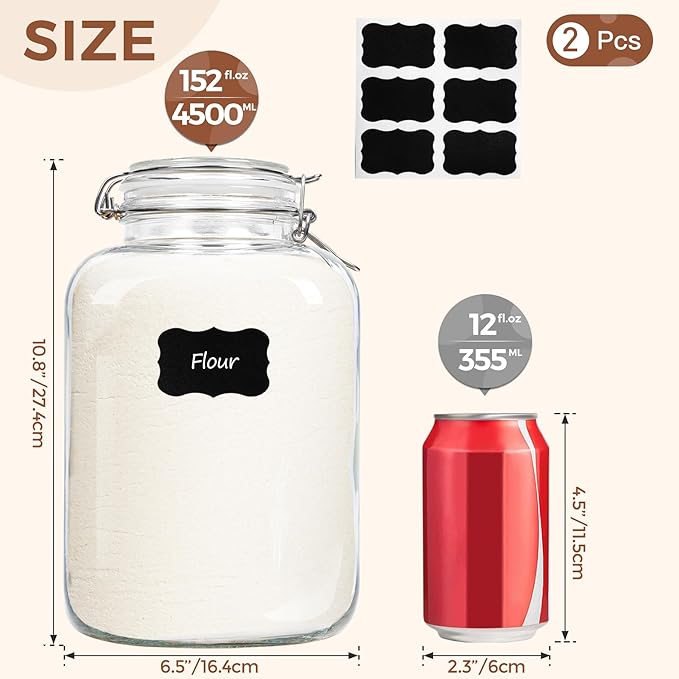 ComSaf Rice Container 152oz, Flour Sugar Storage Containers, Glass Jars with Airtight Lid, 1.17 Gallon Mason Jar, Large Storage Containers with Lids for Pickled Egg, Pasta, Cereal, Beans, Set of 2
