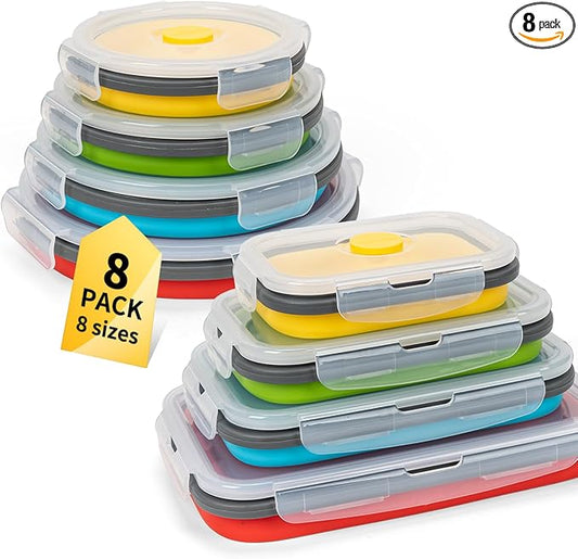 Collapsible Food Storage Containers with Lid & Air Vent, 8 Pack, 4 Rectangular + 4 Round, Annaklin Foldable Silicone Lunch Containers Collapsible Bowls Set, Microwave Freezer Dishwasher Safe, 4 Colors