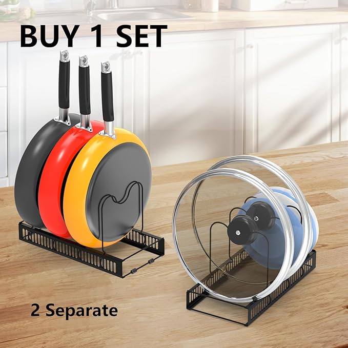 Pot Rack Expandable Pan Organizer for Cabinet, Lid Holder with 10 Adjustable Compartment for Kitchen Cabinet Cookware Baking Frying Rack
