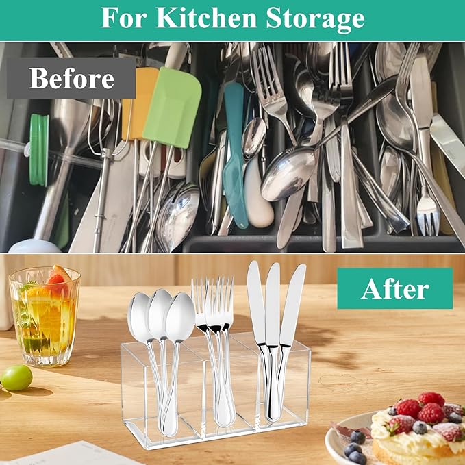 3 Pcs Acrylic Cutlery Storage Organizer, Clear Plastic Cutlery Utensil Holder for Kitchen Countertop, 3 Section Silverware Tableware Storage Box for Fork, Knife, Spoon Straws and Napkins