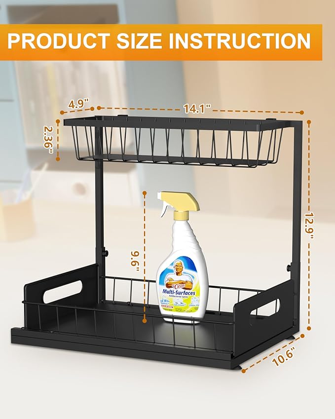 Mythinglogic Metal Under Sink Organizers and Storage, 2 Tier Under Sink Organizer, Pull Out Under Cabinet Organizer Shelf for Kitchen Bathroom Laundry Room (2 Pack)