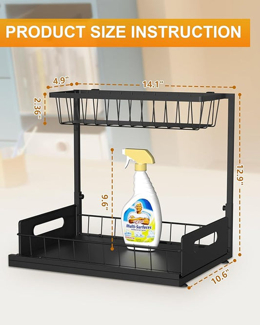 Mythinglogic Metal Under Sink Organizers and Storage, 2 Tier Under Sink Organizer, Pull Out Under Cabinet Organizer Shelf for Kitchen Bathroom Laundry Room (2 Pack)