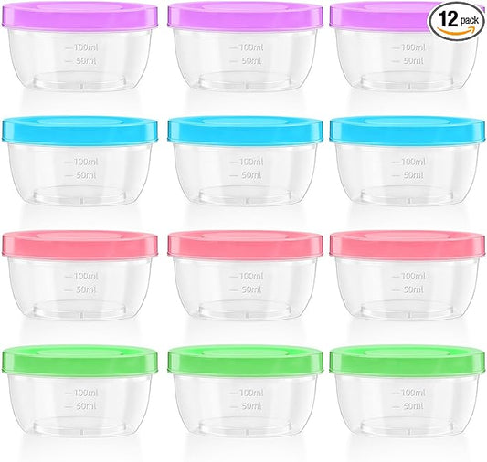 Zezzxu 5 oz Small Freezer Storage Containers with Screw Lids, 12 Pack Reusable Plastic Food Jars Stackable Deli Containers (Microwave & Freezer Safe)