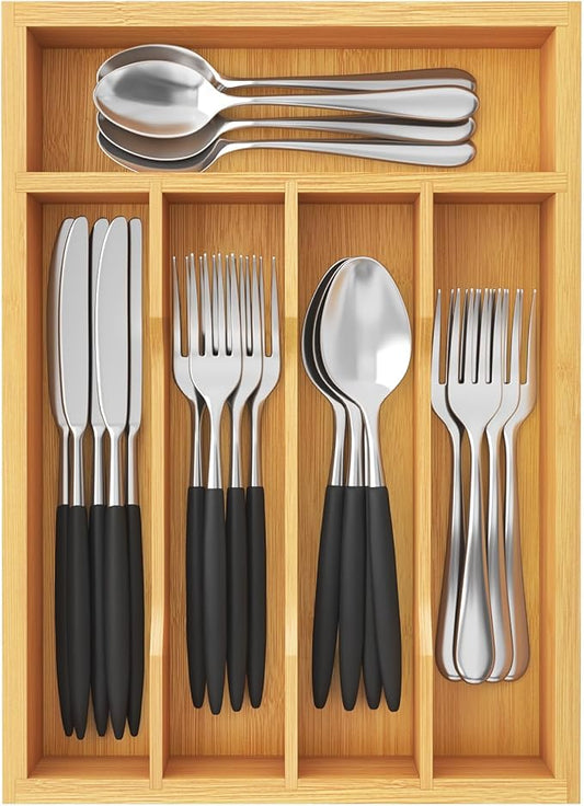 Lifewit Silverware Drawer Organizer Tray, Bamboo Cutlery Storage for Kitchen Drawer, 5 Compartment Flatware and Utensil Holder Divider for Spoons Forks Knives Tableware, Natural