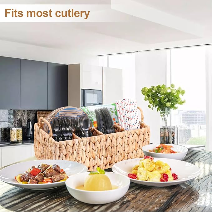 Wicker Party Silverware Caddy, Water Hyacinth Plastic Cutlery Utensil Holder, Hand Woven with Handles, Kitchen Countertop and Picnic flatware Organizer (5 compartments)