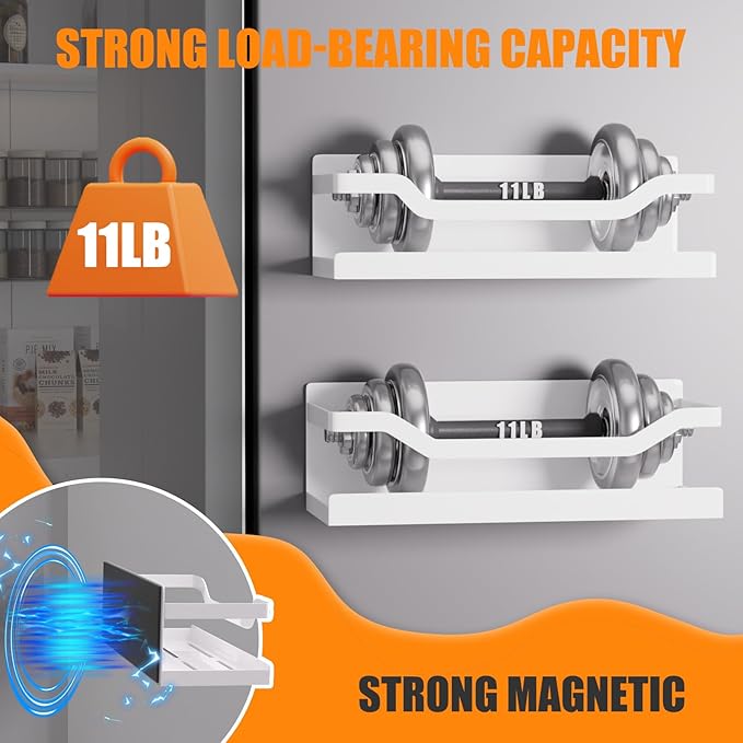 Magnetic Spice Rack for Refrigerator, 4 Pack Heavy Duty Metal Strong Magnetic Fridge Shelf with Magnet Paper Towel Holder, Hook Rack, 2 Spice Jars with Label, Space Saving, White
