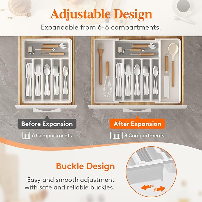 Lifewit Silverware Drawer Organizer, Expandable Utensil Tray with Non-Slip TPR, Deep Flatware Cutlery Holder, Adjustable Plastic Kitchen Storage for Spoons Forks Knives, Large, White and Gray
