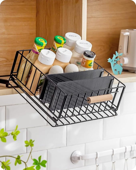Baffect Pull-Down Cabinet Organizer, 20° Sloping Drop Down Spice Rack with 2 Adjustable Dividers, Heavy-Duty Sliding Out Storage Basket for Pantry/Cupboard/Upper Cabinet (Metal, Black)